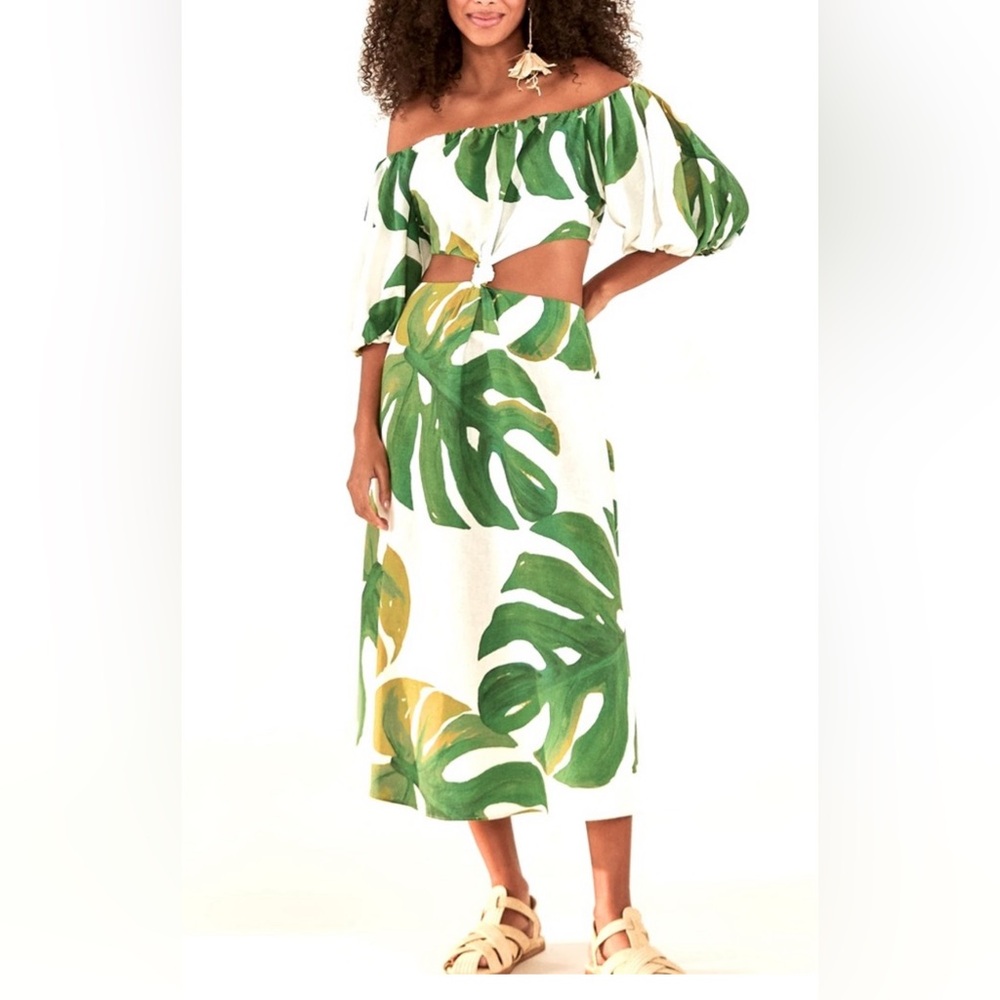 Farm Rio NWT white monstera midi knot dress size small vacation outfit farmrio